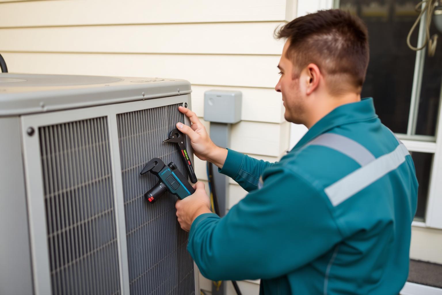 HVAC service technician working on an outdoor condenser